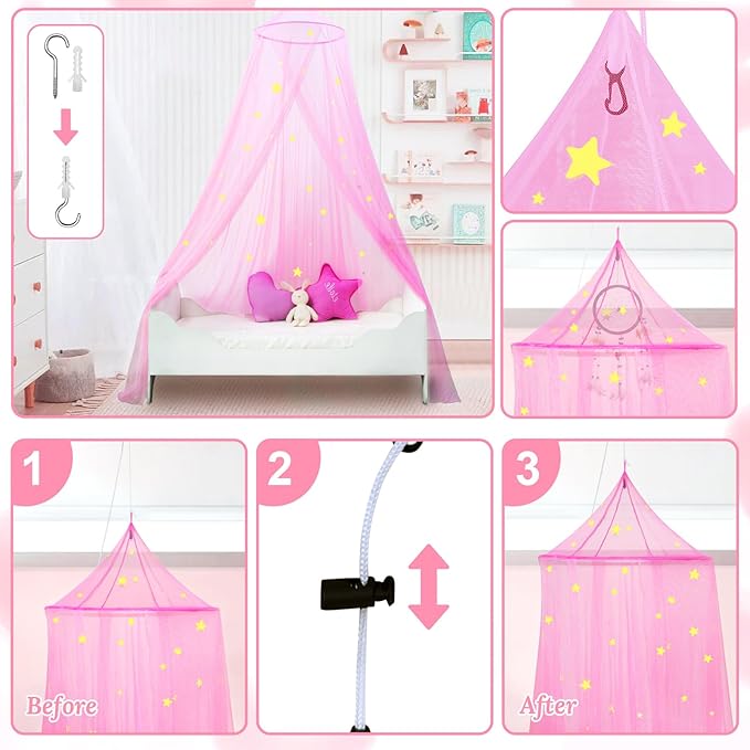 South to East Princess Bed Canopy for Girls with Glowing Stars, Pink Canopy for Girls Room, Bed Canopy Curtains from Ceiling for Twin Beds, Full Size Beds, Ideal Gift for Girls, Fire Retardant Fabric