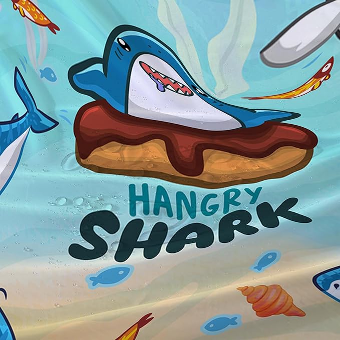 AILONEN Cartoon Shark Shower Curtain,Kawaii Donut Shark with Marine Life Bath Curtain Set for Kids Girls Boys,Fish Seaweed Fabric Shower Curtains for Bathroom, 72" W*78" H