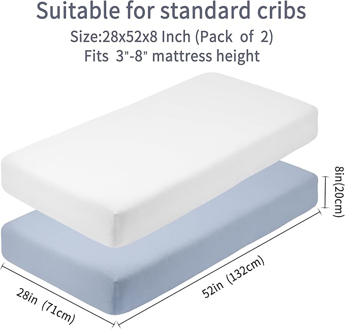 Crib Sheets for Boys Girls,100% Cotton Fitted Crib Sheet 2 Pack for Standard Crib and Toddler Mattress, Super Soft Breathable Baby Sheet 28x52x8in (White & Gray)
