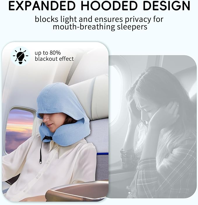 Travel Pillow with Hood for Airplane, 100% Pure Memory Foam Hooded Neck Pillow for Traveling, Car, Office, Soft, Machine Washable, Easy Storage, Blue