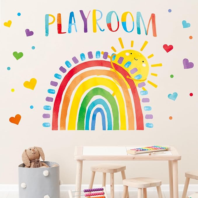 Mfault Playroom Rainbow Wall Decals Stickers, Watercolor Sun Love Hearts Nursery Decorations Kids Bedroom Art, Neutral Toddler Boy Girl Baby Living Room Classroom Decor