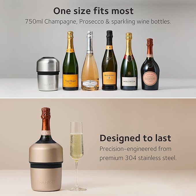 Huski Champagne Chiller | NEW | Award-Winning Iceless Design with Detachable Bottle Stopper | Keeps Wine Cold up to 6 Hours | Fits most 750ml Champagne, Prosecco & Sparkling Wine Bottles (White)