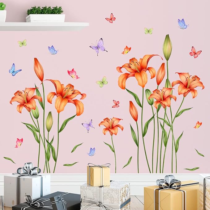 Amaonm Removable DIY Orange Lily Flower wall Sticker Peel and Stick Floral Butterfly Leaf Plant Vine Wall Decals for Kids Girls Boys Bedroom Living Room Nursery Classroom Playroom Office Bathroom Wall Background Decoration