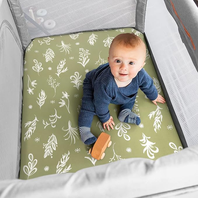 Pack n Play Sheets Fitted 2 Pack, Stretchy Ultra Soft Jersey Knit Pack and Play Sheets, Universal Fitted Portable/Mini Crib Mattresses Snug and Safe, Oliver Flora for Boy and Girl