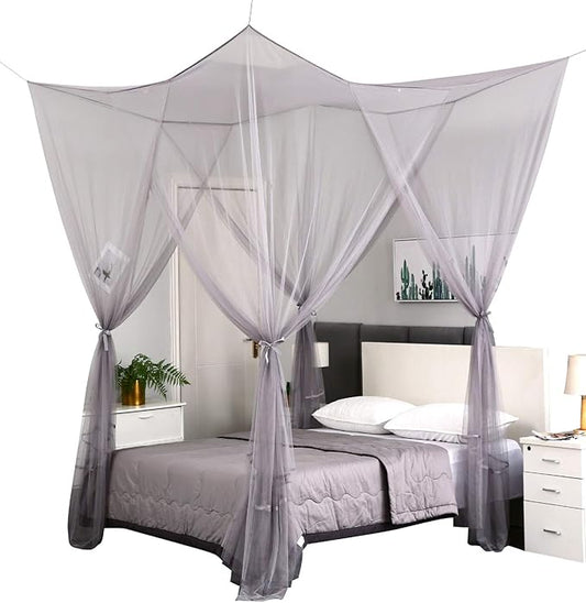 Mengersi 4 Corner Post Elegant Canopy Bed Curtains for Full Queen King Bed,Mosquito Net Suitable for Indoor Outdoor Net(Gray, L87xW79xH98 inch)
