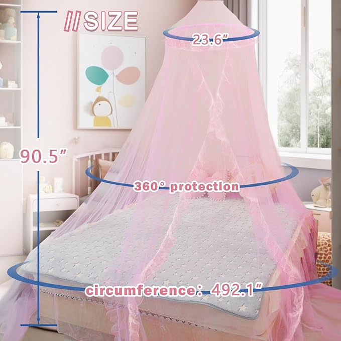 Daksha Princess Bed Canopy for Girls Room, Top and Door Trim with Lace Design, Pink Bed Canopy with Ruffles Fits Single, Twin, Full, and Queen Beds, Bedroom Decoration