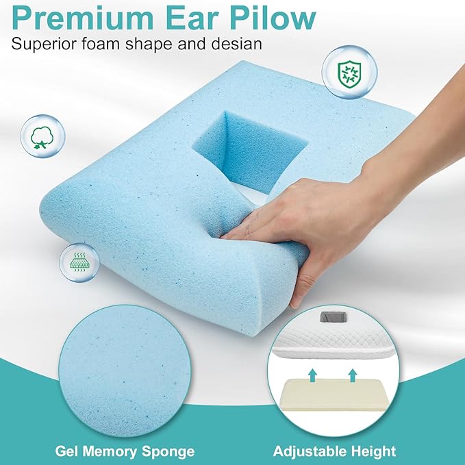 Ear Piercing Pillow with Holes for Ear Pain CNH Side Sleepers, Adjustable Memory Foam Ear Pillow for Ear Discomfor, Earrings, Noise-Canceling Earplugs, Headphones, Enjoy Sound Sleep