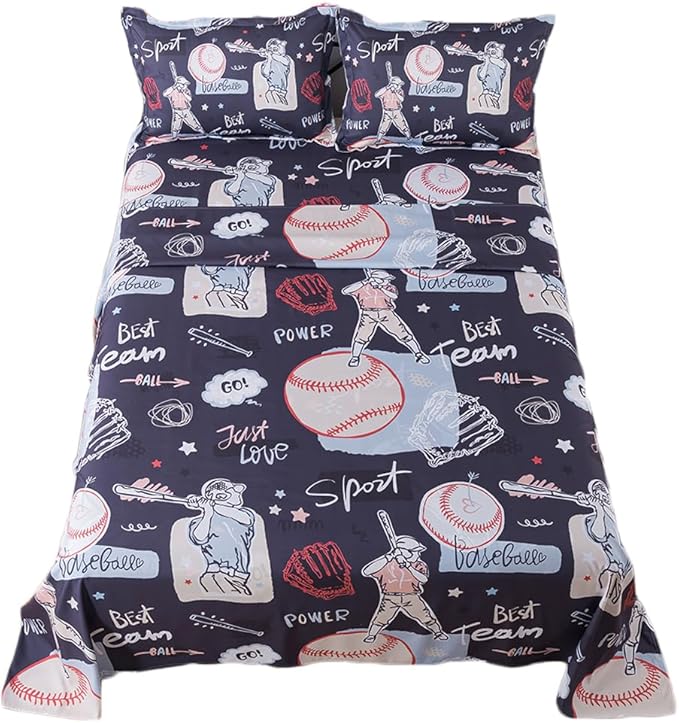 qjmiaofang Baseball Bed Sheet Set for Kids Boys Sports Sheets Set Queen Size Baseball Fitted Sheet 4Pieces Sport Theme Baseball Flat Sheet Set Including 1 Fitted Sheet 1 Flat Sheet and 2 Pillowcases
