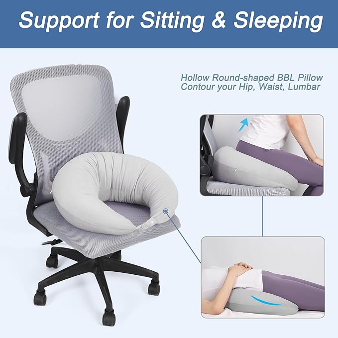 BBL Pillow After Surgery, BBL Pillow for Sitting Sleeping Driving, Hemorrhoid Pillow Seat Support Cushio for Butt with Hole, Butt Donut Pillow for Woman,Grey