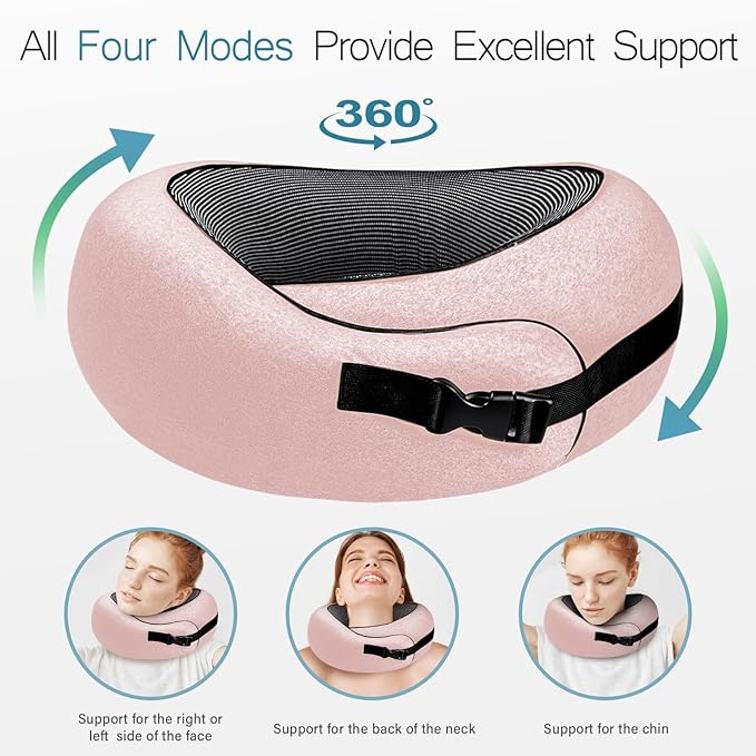 PORTHOLIC 2024 Upgraded Travel Neck Pillow with Buckle,100% Pure Memory Foam Travel Neck Pillow for Airplane Travel Flight Headrest Sleep, Portable Plane Accessories (Pink)