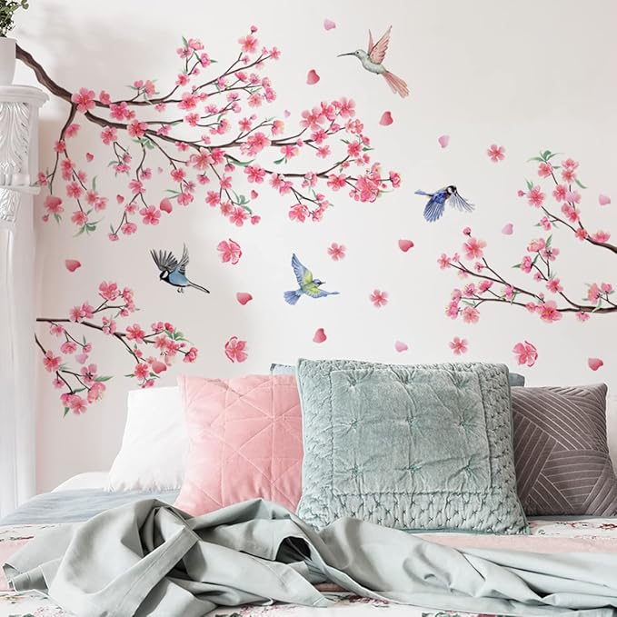 Peach Blossom Tree Branch Wall Decals Pink Flower Birds Wall Stickers Wall Art Decals for Bedroom Living Room TV Wall