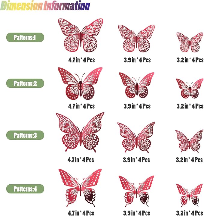 SAOROPEB 3D Butterfly Wall Decor 48 Pcs 4 Styles 3 Sizes, Butterfly Decorations for Butterfly Birthday Decorations Butterfly Party Decorations Cake Decorations, Removable Stickers (Blood Red)