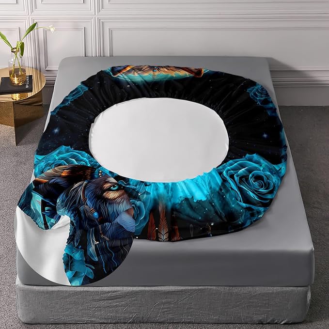AILONEN Wolf Fitted Sheet Set Full Size Dream Catcher Bed Sheet Set, Blue Rose Smoke Wolf Sheet Set for Boys Girls,Animal Wolf Fitted Sheet with 2 Pillowcases,3 Pieces