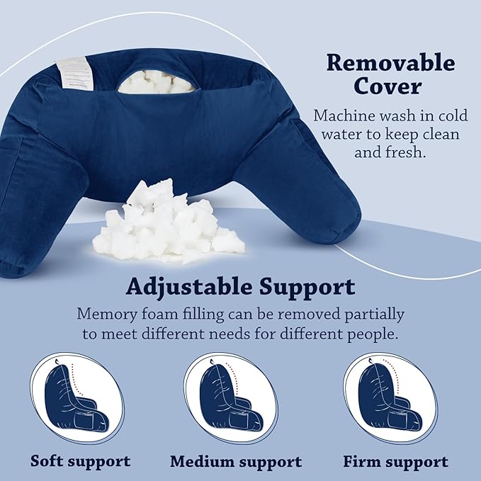 LOVTEX Reading Pillow with Removable Cover, Back Pillow for Sitting Up in Bed with Arms and Pockets, Bed Rest Pillow Adult, 20 x 15 Inches(Navy Blue)
