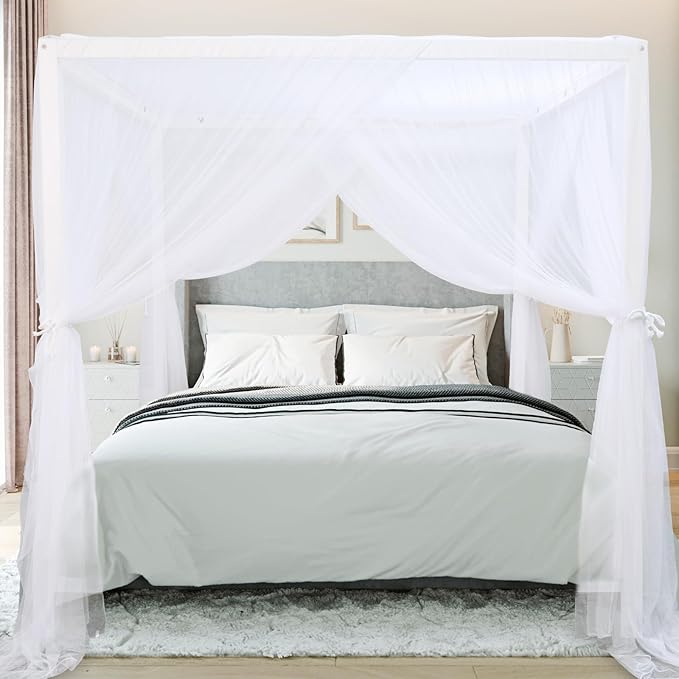 tupi Canopy Bed Curtains for King/Queen Size Bed, 4 Poster Bed Canopy, Elegant White Mosquito Net, 4 Corner Canopy Curtain with 4 Openings, Ultra Ripstop Polyester, Easy Installation