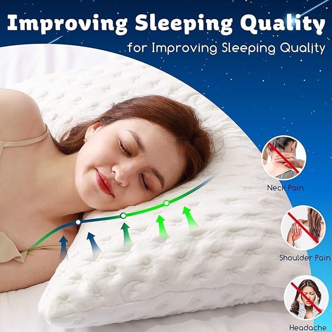 Cooling Side Sleeper Pillow for Neck and Shoulder Pain, Luxury Shredded Memory Foam Curved Bed Pillows for Sleeping Set of 2- Adjustable King Size- Washable Cover Crescent White