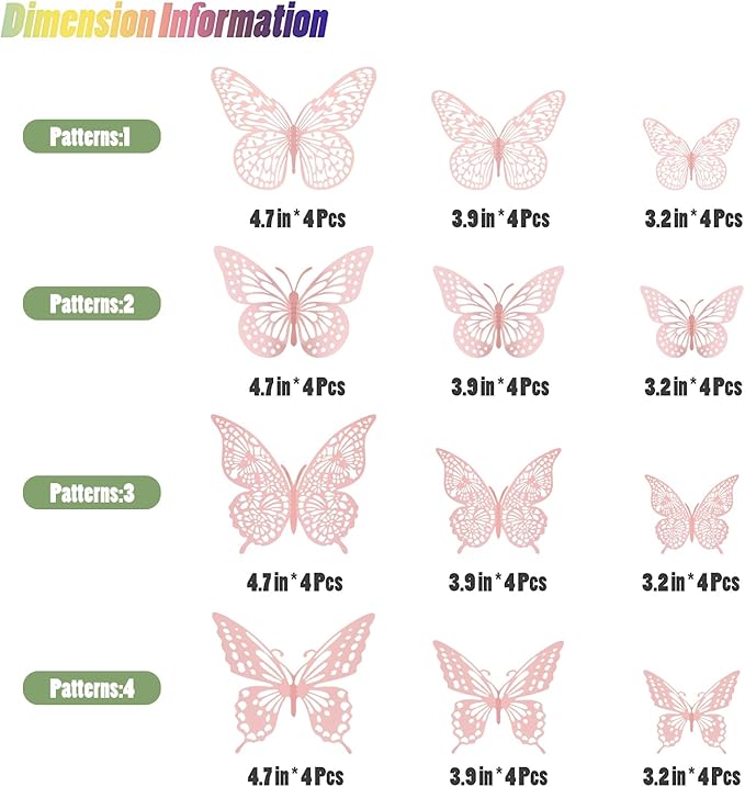 SAOROPEB 3D Butterfly Wall Decor 48 Pcs 4 Styles 3 Sizes, Pink Butterfly Birthday Decorations Pink Room Decor Butterfly Party Decorations Cake Decorations, Removable Wall Stickers (Pink)