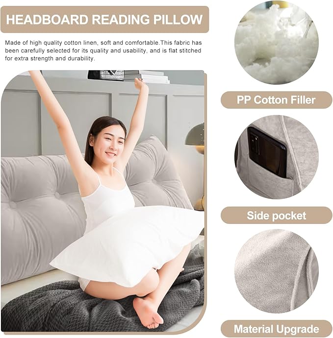 Large Triangular Headboard Pillows Long Backrest Positioning Support Bolster Cushion for Daybed Fluffy Quality Plush Body Wedge Pillow with Removable Cover(Light grey-Queen-59x8x20in)