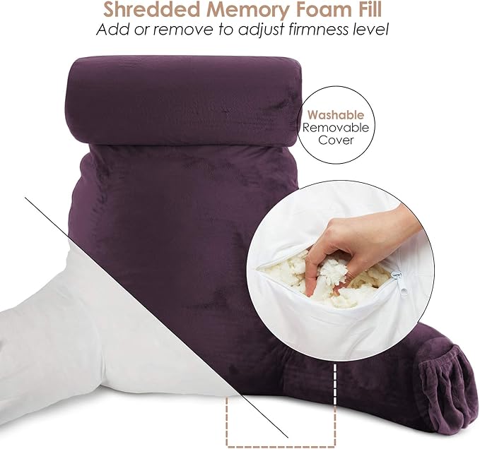 Nestl Reading Pillow Large Bed Pillow, Back Pillow for Sitting in Bed Shredded Memory Foam Chair Pillow, Reading & Bed Rest Pillows Purple Back Pillow for Bed, Bed Chair Arm Pillow with Pockets