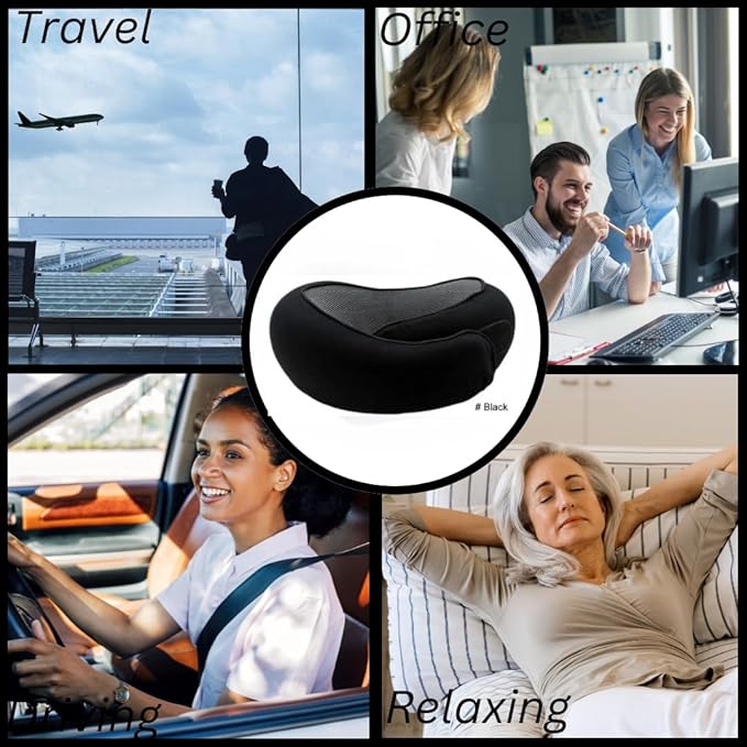 Memory Foam Neck Pillow for Travel, Adjustable Velcro Strap, Durable and Easy to Clean.Reduces pressure points and promotes better alignment, helping prevent neck pain (Black).