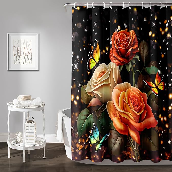 AILONEN Rose Flower Shower Curtain for Bathroom, Glitter Starry Flower Print Bath Curtain,Modern Botanical Floral Butterfly Waterproof Shower Curtain Decoration with 12 Plastic Hooks, 48" W*72" H