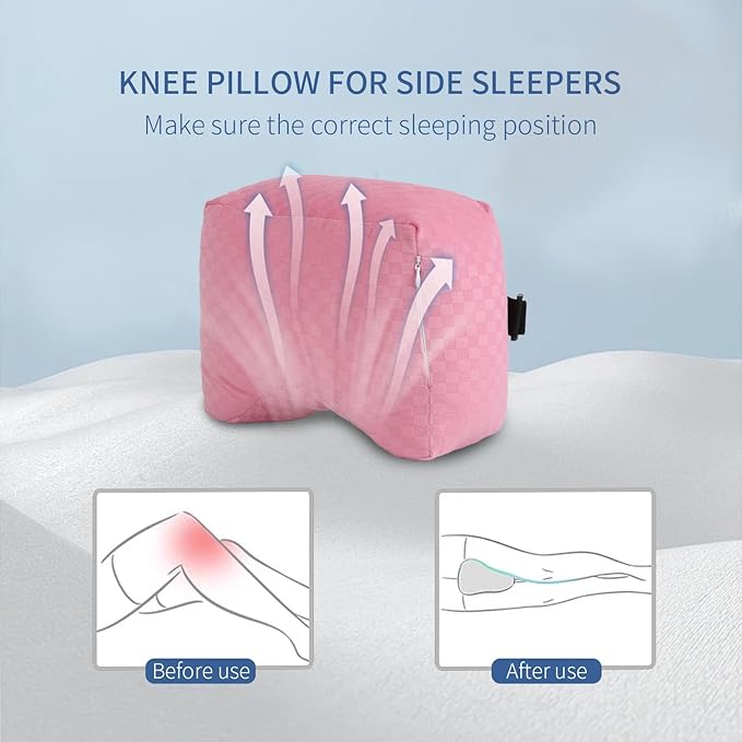 Knee Pillow for Side Sleepers - Leg Support Pillow for Sciatica Relief, Hip and Back Pain Alleviation, Spine Alignment with Adjustable Strap (Pink-Checker)