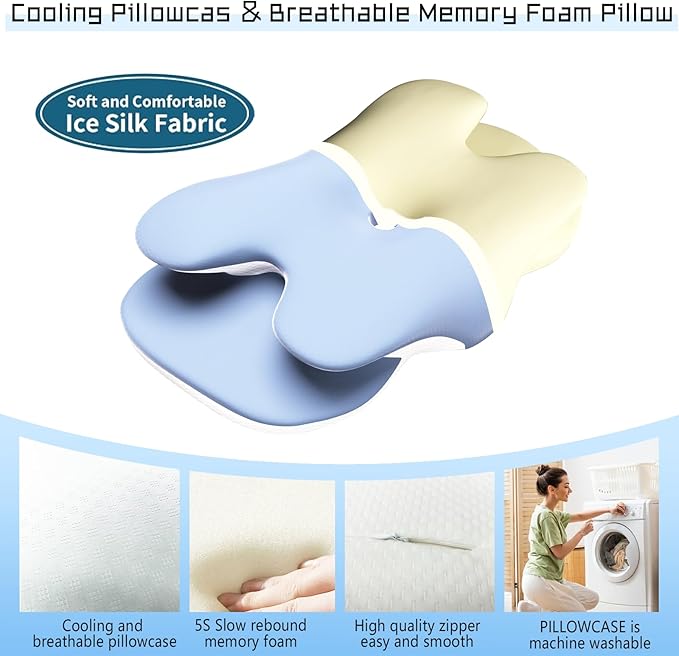 Cervical Neck Pillow for Pain Relief - Contour Memory Foam Pillows with Cooling Pillowcase, Neck Support Pillows for Sleeping, Ergonomic Orthopedic Pillow for Side, Back, Stomach Sleepers (Blue)