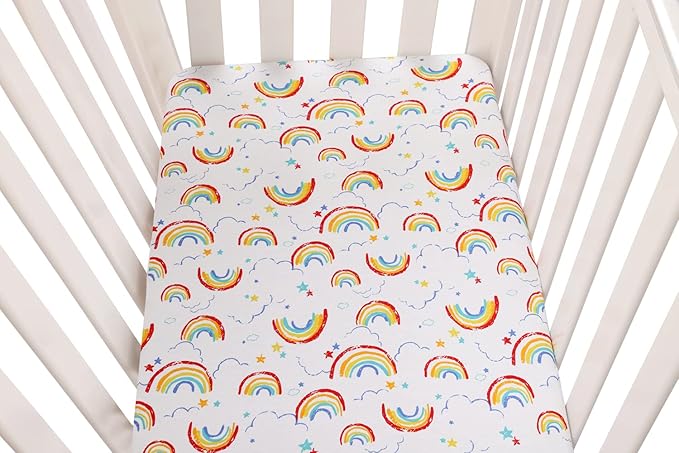 Bassinet Sheets (33" x 19") Compatible with Mika Micky, Baby Delight, Dream On Me, Amke and Other Rectangle Mattress, 2 Pack Fitted Sheets, 100% Jersey Knit Cotton 190GSM, Fox Rabbit and Rainbow