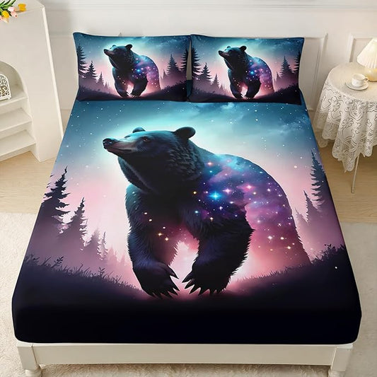 AILONEN Bear Fitted Sheet Set Twin XL Size, Evening Starry Sky Forest Bear Bed Sheet Set Decor,Animal Bear Wildlife Fitted Sheet and 2 Pillowcases,3 Pieces