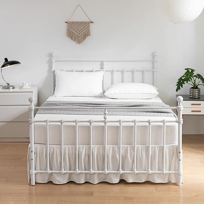 Bed Skirt Twin Size Ruffled Bed Skirt with Split Corners, 14 Inch Drop Dust Ruffle Bed Skirt with Platform, Ivory