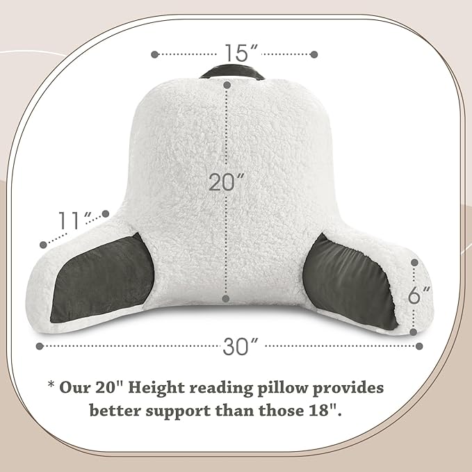 LOVTEX Reading Pillow with Removable Cover, Back Pillow for Sitting Up in Bed with Arms and Pockets, Sherpa Bed Rest Pillow Adult, 20 x 15 Inches(Dark Grey and White)