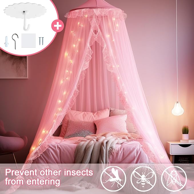 Daksha Princess Bed Canopy for Girls Room, Top and Door Trim with Lace Design, Pink Bed Canopy with Ruffles Fits Single, Twin, Full, and Queen Beds, Bedroom Decoration