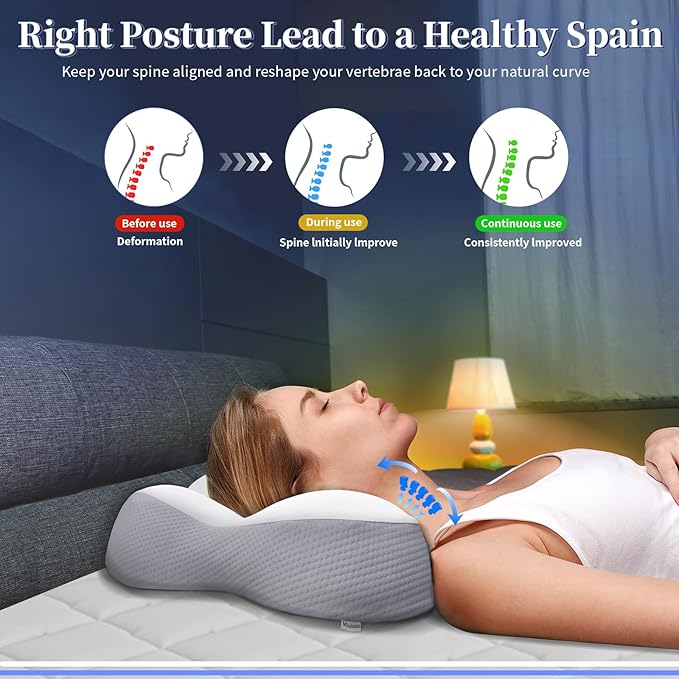 Cervical Neck Pillow for Neck and Shoulder, Side Sleeper Pillow for Adults, Neck Pillow, Orthopedic Contour Memory Foam Pillows for Side Back & Stomach Sleepers with Cooling Pillowcase
