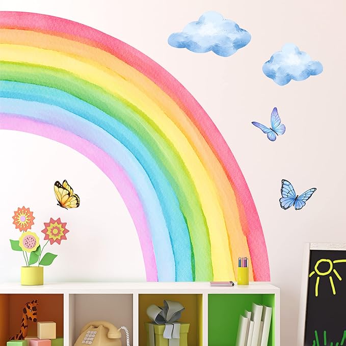 Removable 3D Large Colorful Boho Half Rainbow Wall Sticker Peel and Stick Self-Adhesive Colorful Pastel Rainbow with Cloud and Butterfly Wall Decals Wallpaper for Kids Girls Bedroom Nursery