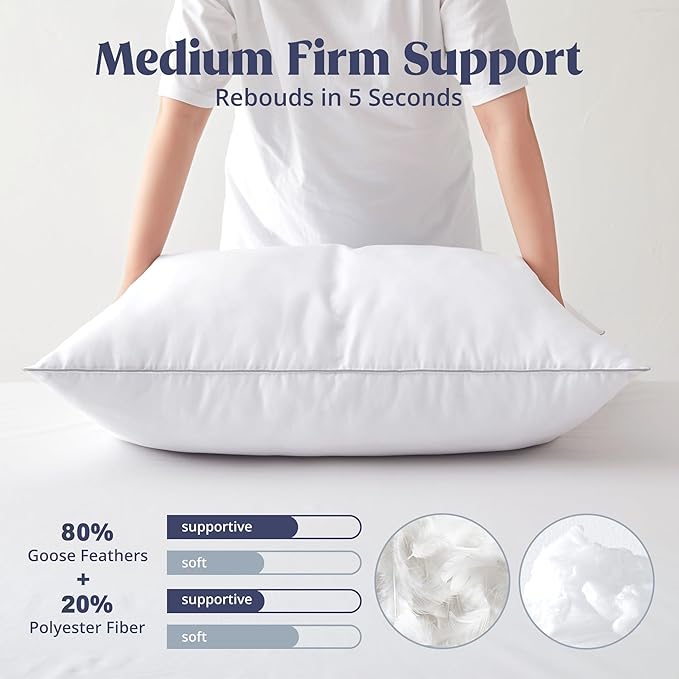 puredown® Goose Feather Bed Pillow with 100% Cotton Cover, 1 Pack, Queen Size Hotel Collection Pillow for Sleeping with Silver Piping