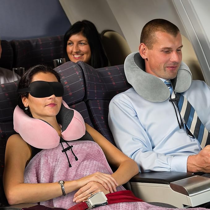 Travel Pillow and Blanket Set Neck Pillow Airplane Memory Foam for Traveling Compact with Bag Pink