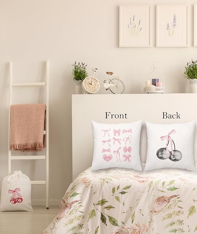 Coquette Preppy Pillows Covers,Preppy Bedding 18x18, y2k Preppy Throw Pillow Covers for Dorm Girls Bedroom, Trendy Aesthetic Cute Bow Cherry Disco Ball Throw Pillow Cases