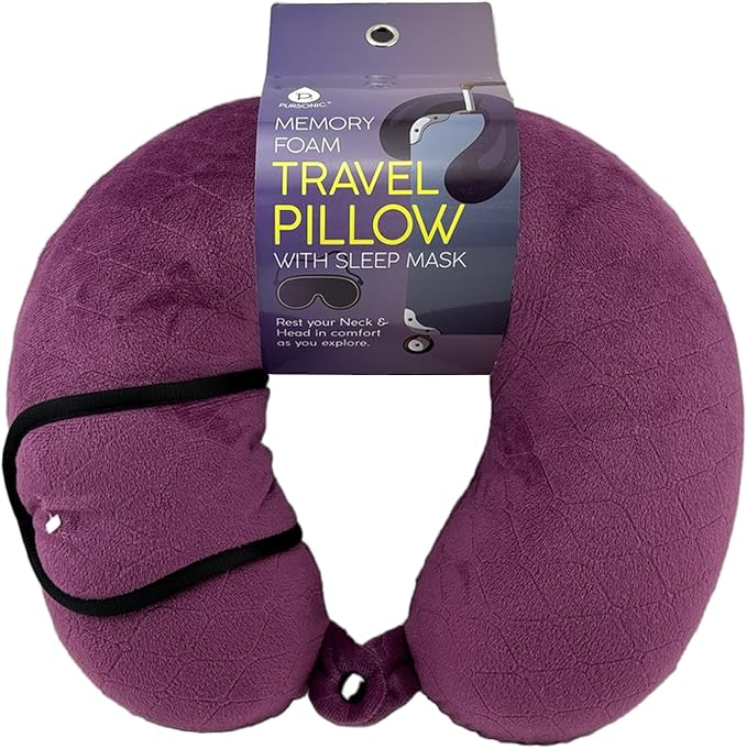 Pursonic Memory Foam Neck Pillow with Eye Mask - Ergonomic Travel Pillow, Breathable Fabric, Compact & Portable, Available in Purple, Teal, Grey (Purple)