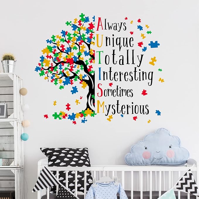 Mfault Autism Awareness Day Inspirational Sign Wall Decal Sticker, Positive Puzzle Piece Tree Colorful Nursery Classroom Decoration Baby Bedroom Art, Autistic Spectrum Motivational Kid Room Decor Gift