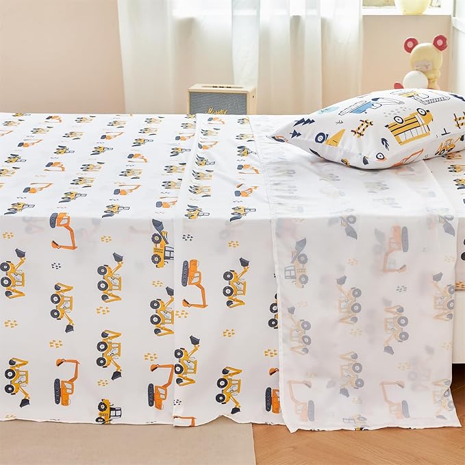 RYNGHIPY Full Sheets Set Kids Boys: Construction Excavator Bed Sheet Set for Toddler Children - Deep Pocket Wrinkle Free Bedding Set (White Yellow,Full)