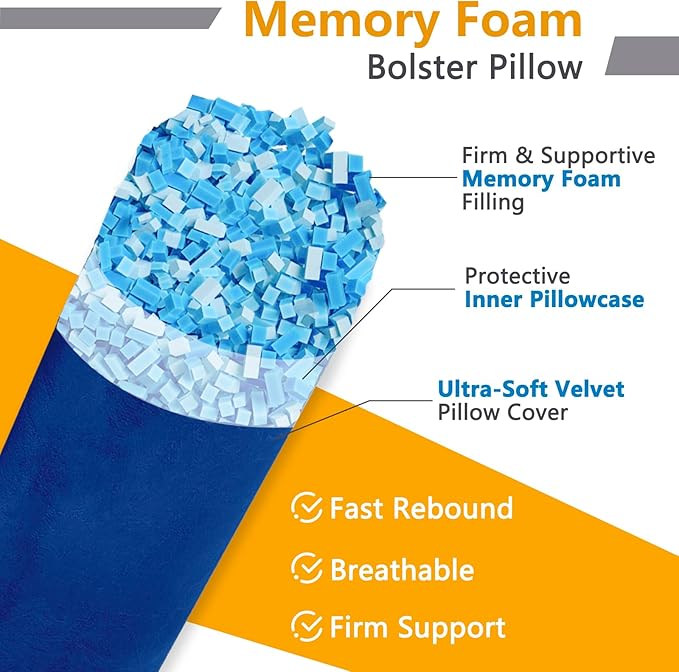 Body Pillow, Memory Foam Body Pillows for Adults Sleeping, Decorative Bolster Pillow for Bed & Couch, Long Cylinder Tube Round Pillow, 24x7.87 Inches, Set of 2 (Navy Blue)