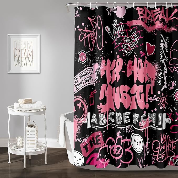 AILONEN Black Pink Graffiti Shower Curtains for Teens Girls,Hip-Hop Music Bath Shower for Bathroom,Polyester Waterproof with 12 Hooks,72" W*78" H Black Pink