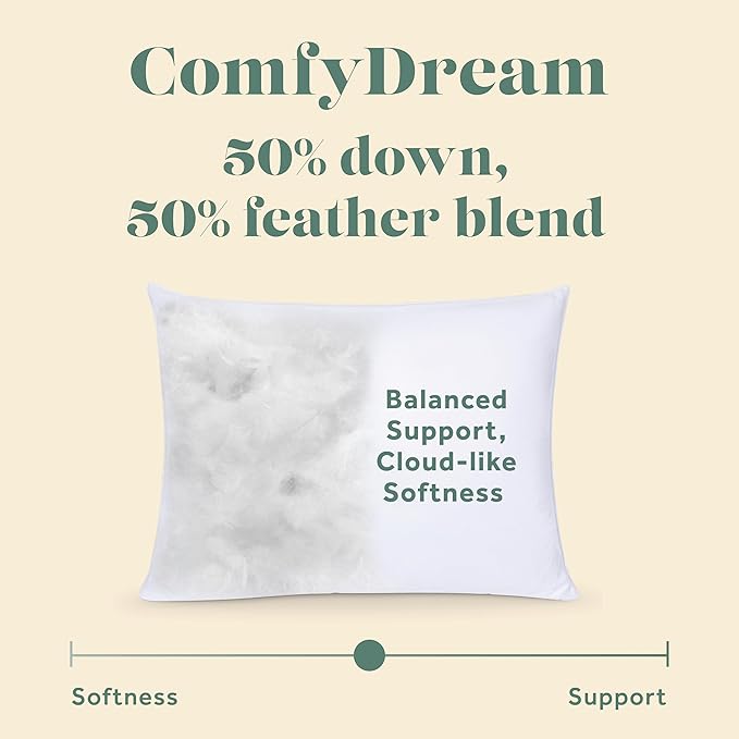 ComfyDown 50/50 Down Feather Blend ComfyDream Bed Pillow for Sleeping, Egyptian Cotton Cover, Made in USA, Queen Size (Queen)