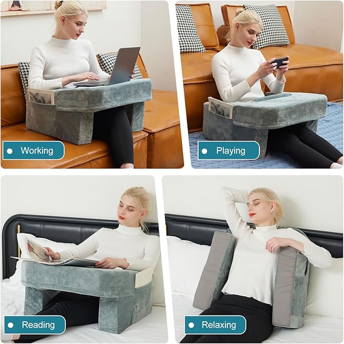 Soft Reading Pillow for Gaming,Arm Rest Lap Desk Pillow,Bed Rest Pillow for Adults Reading,Working,Crocheting,Playing Steam Deck Switch or Sitting in Floor Sofa,Two Side Pockets & Anti-Slip Strip