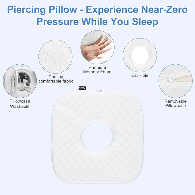 Piercing Pillow with Ear Hole, Memory Foam Ear Pillow for More Comfortable Side Sleeping, Pillows for CNH, Ear Pain Relief, Inflammation, Pressure Sores, Travel, White