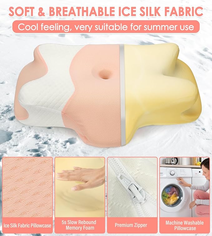 Cervical Pillow for Neck Pain Relief, Memory Foam Pillow for Sleepin, Ergonomic Contour Pillows, Orthopedic Pillow with Washable Pillowcase, for Side Back Stomach Sleepers (Pink)