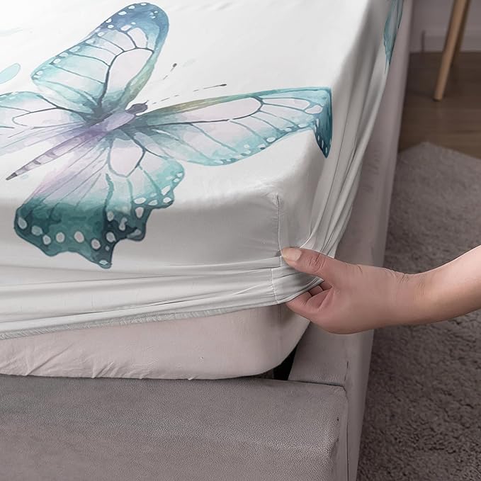 AILONEN Wolf Fitted Sheet Set Twin Size, Blue Tie Dye Wolf Bed Sheet Set Decor,3 Pieces Moon Wolf Sheet Set,Modern Watercolor Wolf and Butterfly Fitted Sheet with 2 Pillowcases