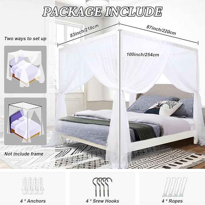 South to East White Canopy Bed Curtains, 4 Corner Post Bed Canopy for Girls & Adults, Top Luxurious Bed Drapes for Bedroom Decoration, 4 Openings, 100% Ripstop Polyester, Easy Install, King/Queen Size