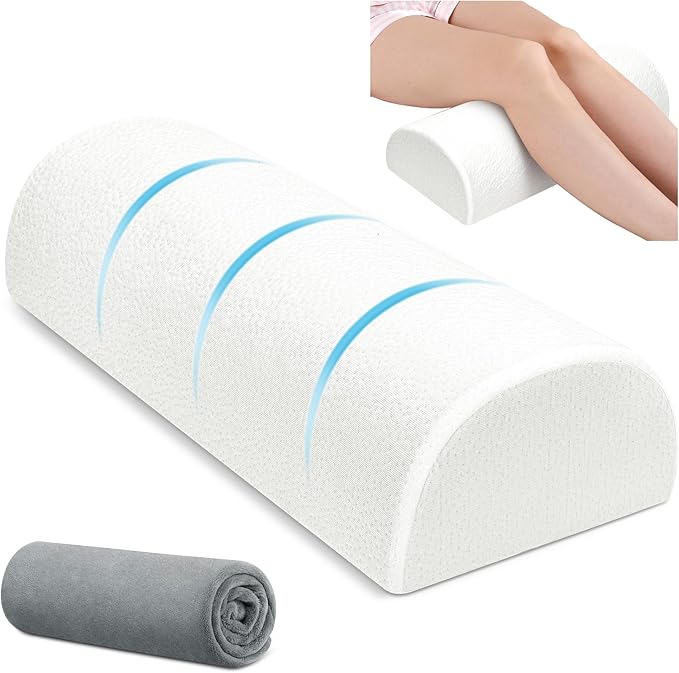 Large Knee Pillow for Side Sleepers Memory Foam Leg Pillows for Sleeping Yoga Bed Half Moon Bolster Pillow for Neck Pain Relief with 2 Pillowcases 23.6"x8.7"x5"(White+Grey, Extended Size)