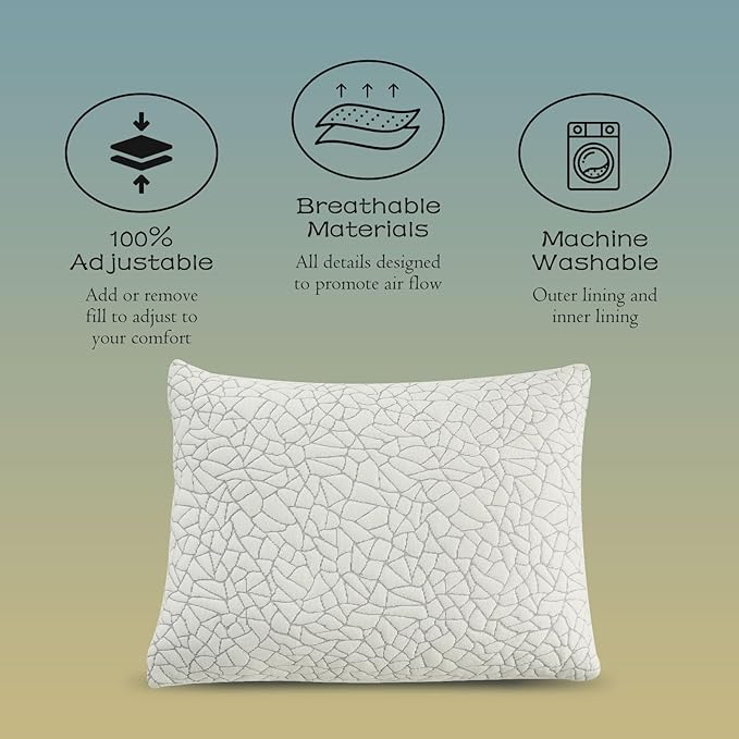 Shredded Memory Foam Pillow for Sleeping, Cooling Bed Pillows Queen Size Set of 2, Adjustable Soft and Firm Pillows or Side, Back, Stomach Sleepers with Washable Removable Bed Pillow Cover